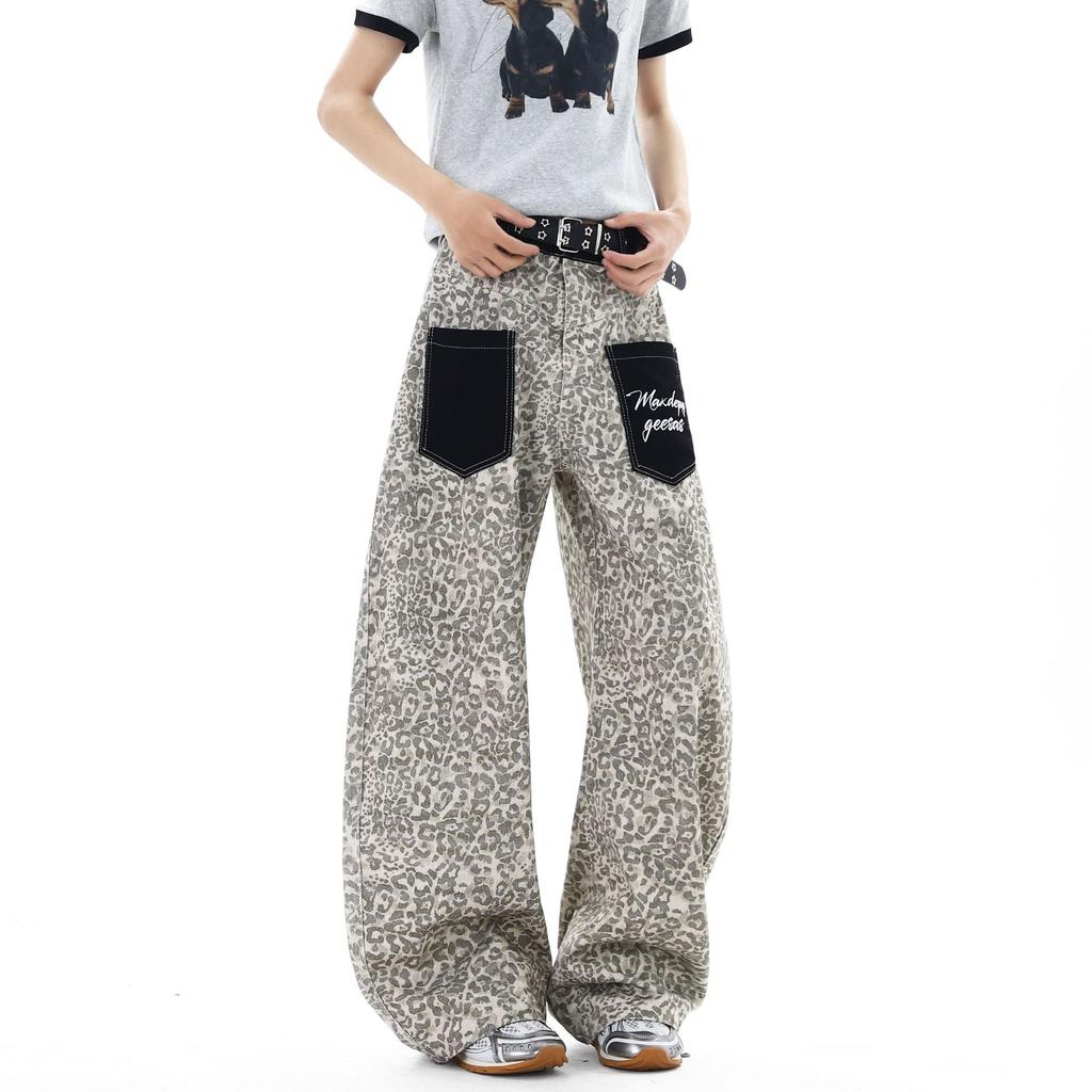 American Retro Old Washed Leopard Print Splicing Jeans Lazy and Loose Floor Pants Men's and Women's Patch Pockets Trendy