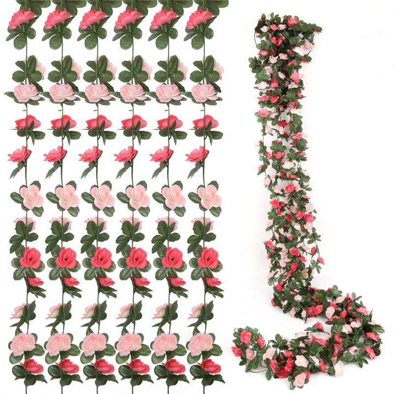 6 Pcs Flower Garland Artificial Rose Vine Flowers with Green Leaves Hanging Fake Roses Vine for Room Anniversary Wedding Birthday Christmas Arch Decor