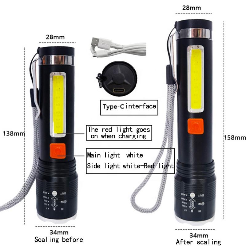 Super Bright Flashlight 4 Modes Zoomable With Cob Side Floodlight XH-P50 Led Mini Cob Spotlight Rechargeable Flashlight