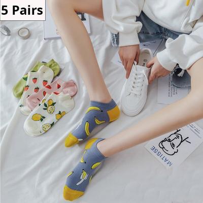 5 Paar Damen Lustige Socken Frühling und Herbst Fruchtsocken Avocado Zitrone Erdbeere Banane Harajuku Freizeitsocken
