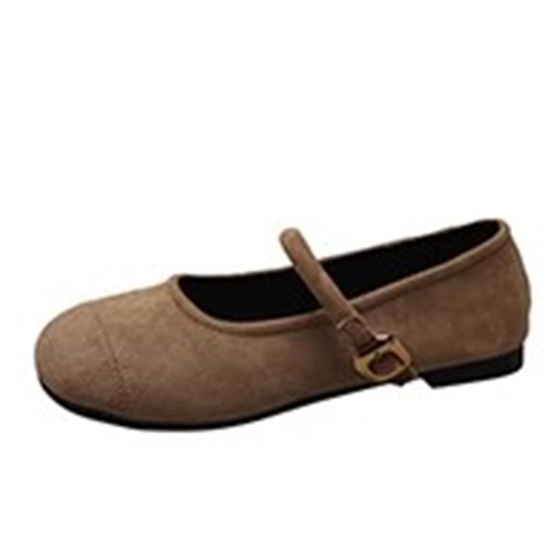 Spring new suede fairy with skirt shallow mouth single shoes retro round head flat bottom buckle temperament women's shoes
