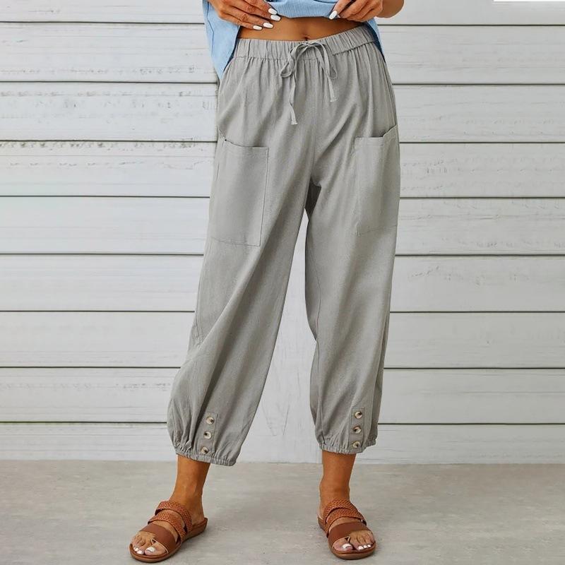 Women's High Waist Linen Pants Loose Fit Cropped Trousers Solid Drawstring Button Casual Fall Harem Pants