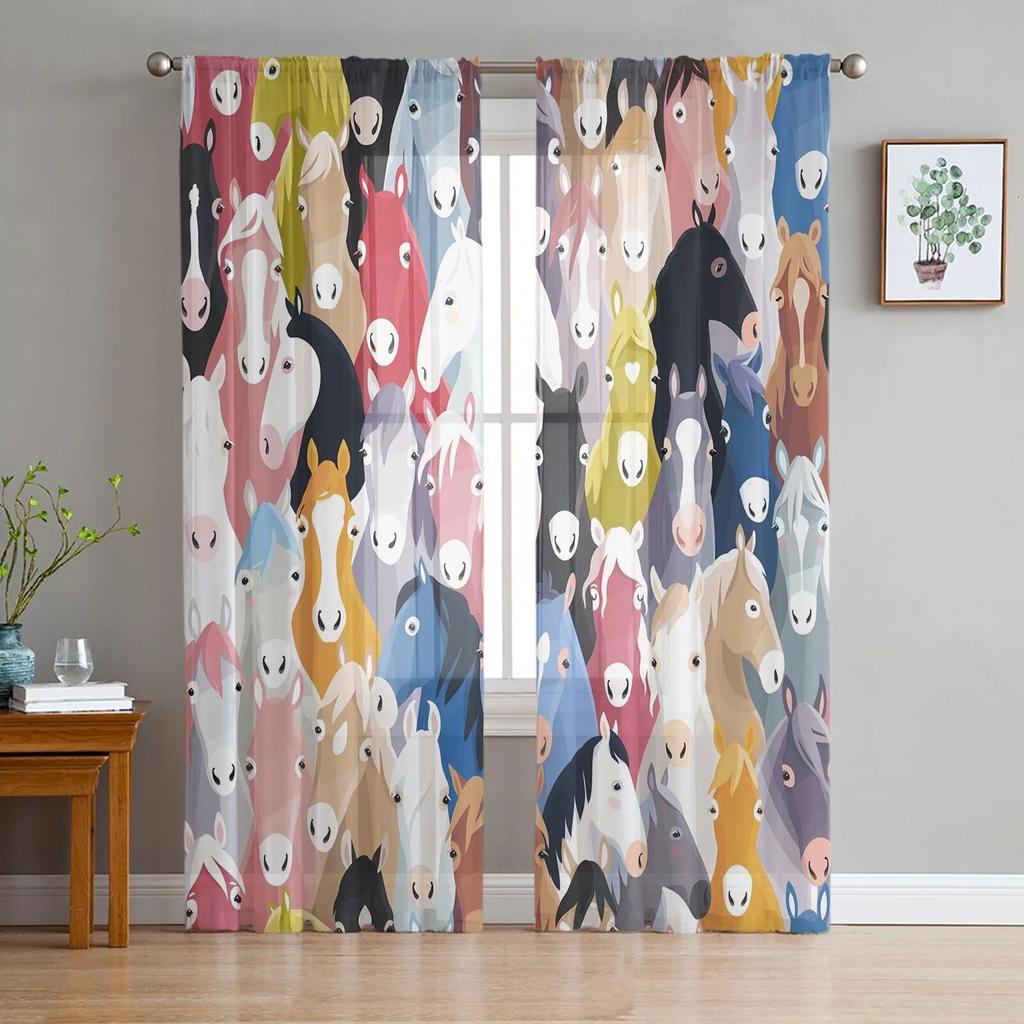 Black White Horse Watercolor Painting Tulle Sheer Window Curtains for Living Room Kitchen Children Bedroom Voile Hanging Curtain