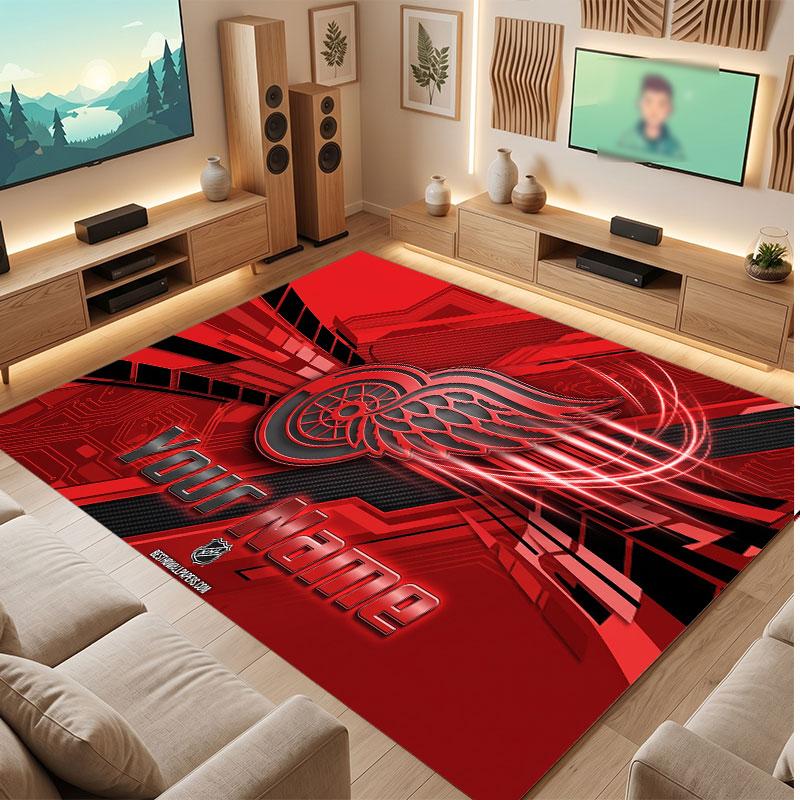 Detroit Red Wings Personalized Crystal Velvet Carpet, Customized Name Text Soft Anti‑Slip Rug for Living Room Bedroom