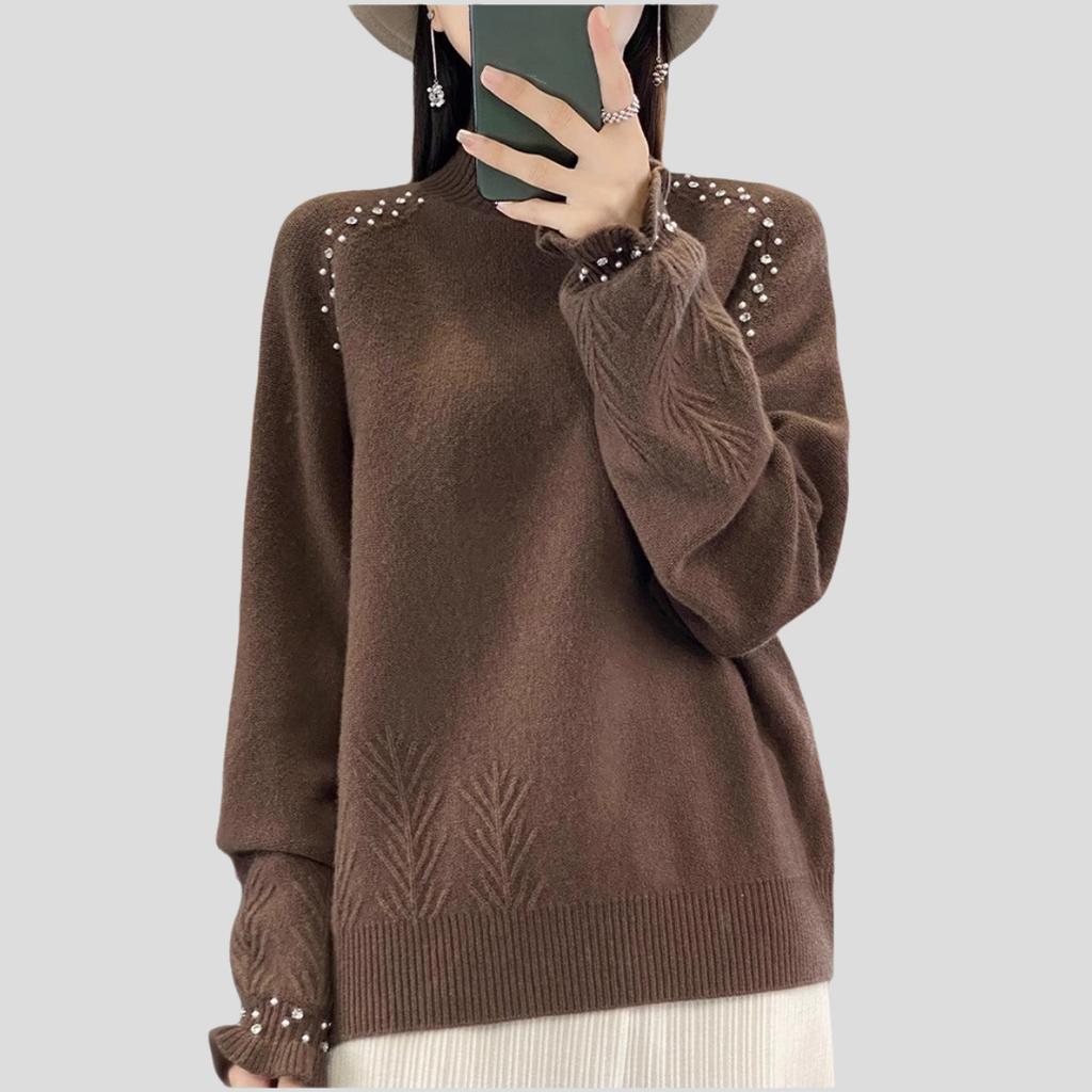 Women's Turtleneck Sweater Autumn Winter Beaded Loose Sweater Solid Color Pullover Knit Top