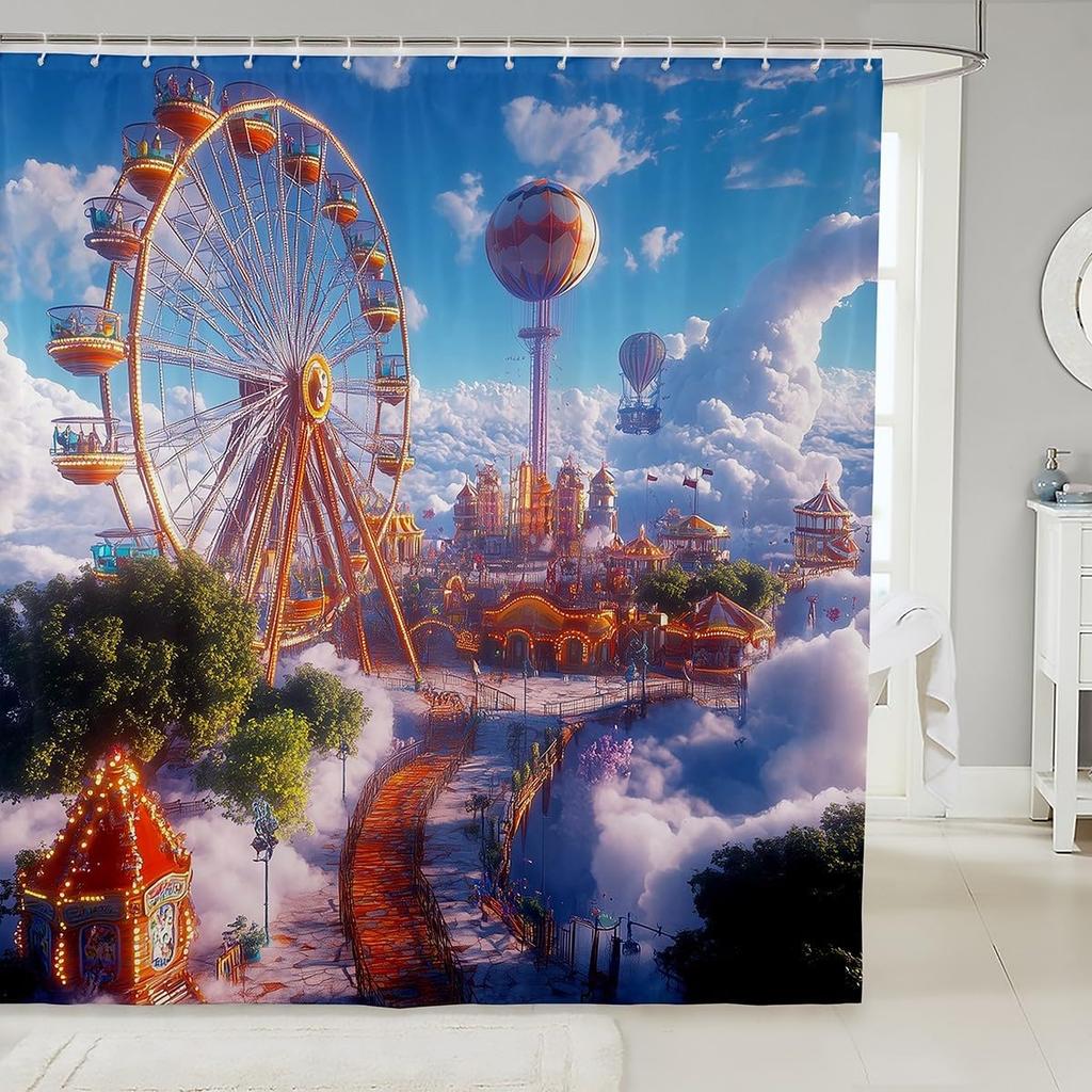 Cartoon Circus Bathroom Curtains Happy Holiday Shower Curtain Sets for Kids Boys Girls Funny Ferris Wheel Shower Curtain Funny