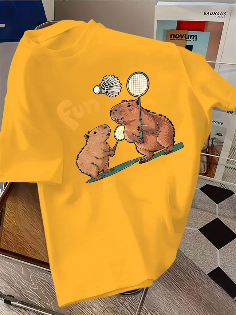 Male Cotton Crew Neck Tee Cartoon Capybara Play Badminton Fun Print Loose Short Sleeve Casual Summer Sports Daily Animal T Shirt