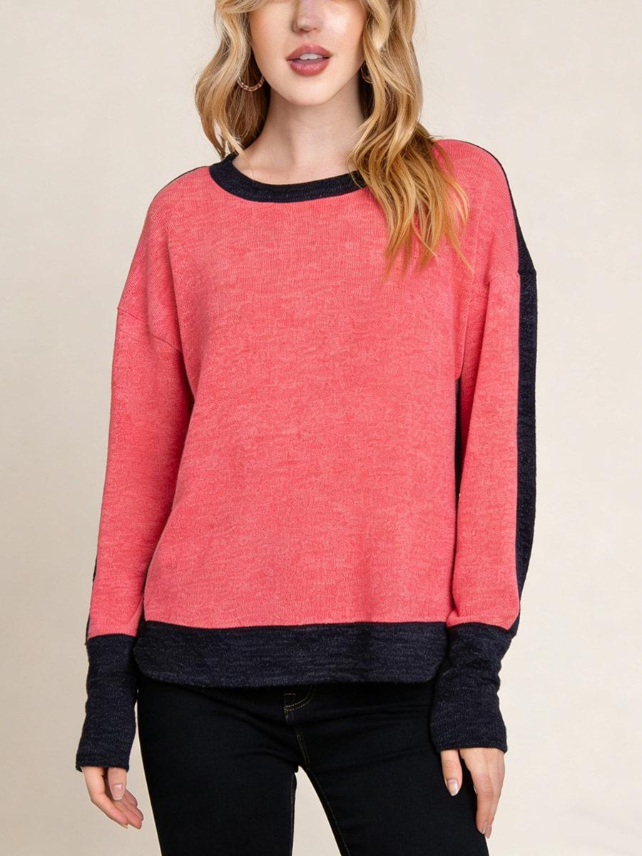 Women’s 2026 Color Block Long Sleeve T-Shirt: Loose Fit, Round Neck Large