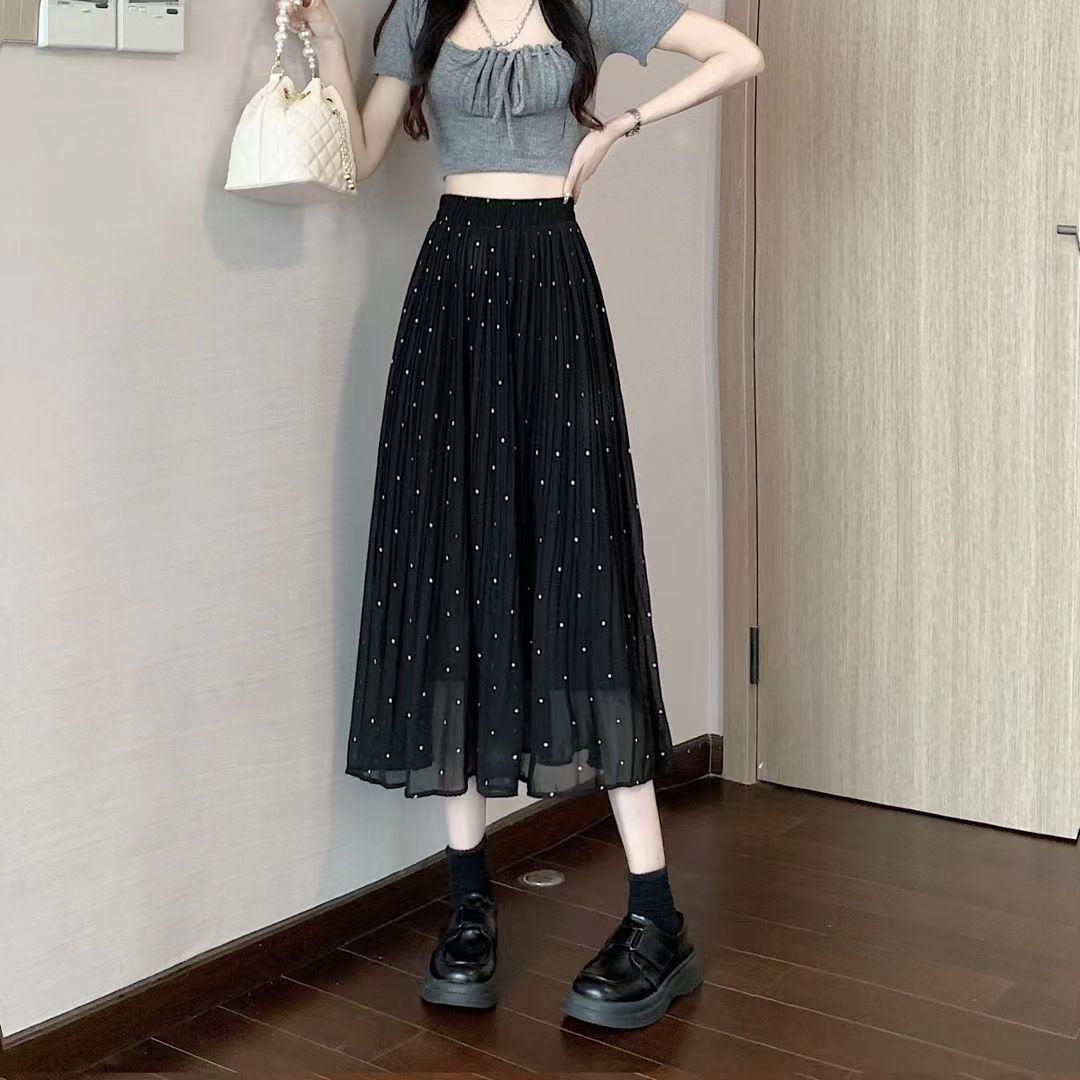 

Юбка-плиссе из шифона в горошек, летняя, утягивающая, с высокой талией, свободная и универсальная, юбка в мелкий круглый горошек, средней длины L