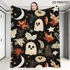 Whimsical Halloween Themed Throw Blanket, Black Background with Spooky Ghosts, Pumpkins, Maple Leaves, Crescent Moons & Star Acc