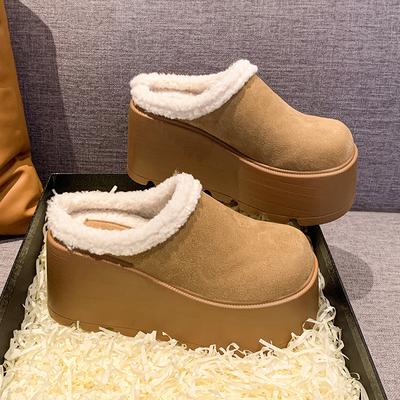 Fashion 9CM Women Half Sippers Platform 2024 Winter Warm Fur High-heel Retro Women's Loafers Casual Suede Mules For Ladies Student-shoes