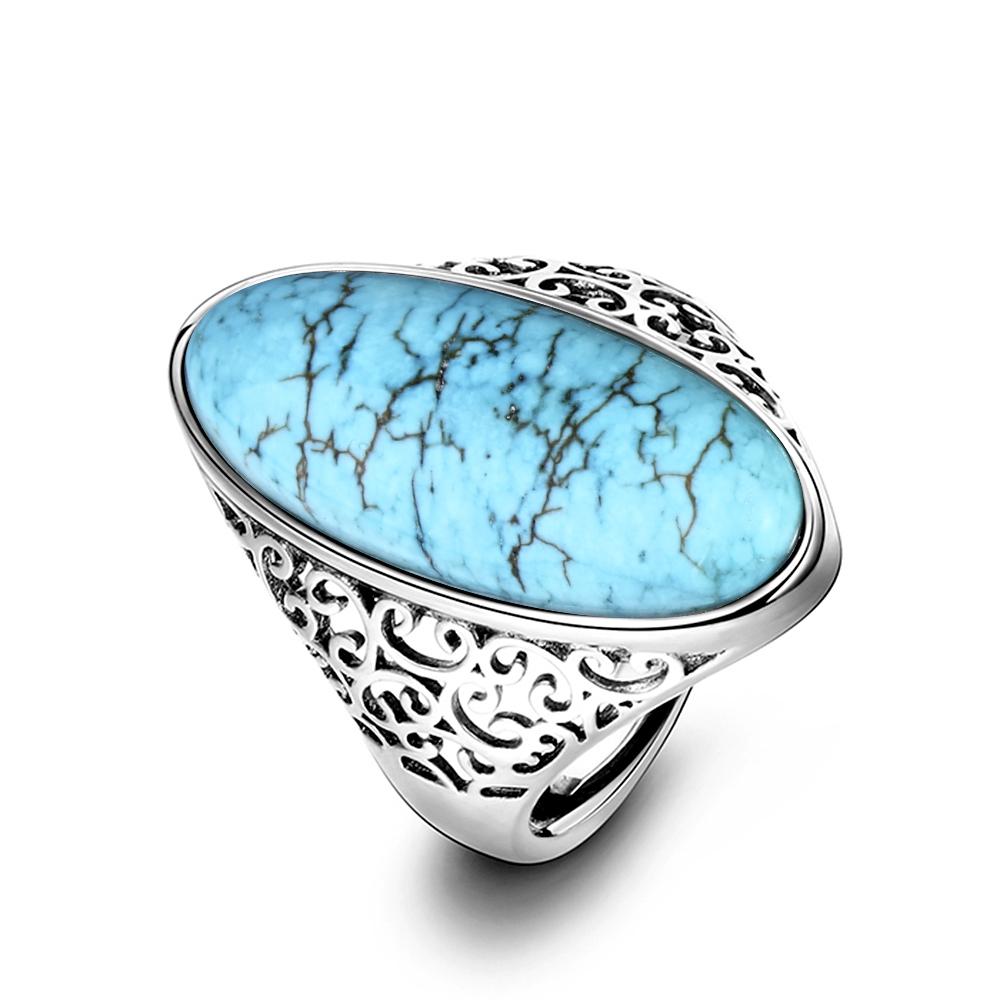 S925 Silver Oval Natural Turquoise Ring for Men and Women