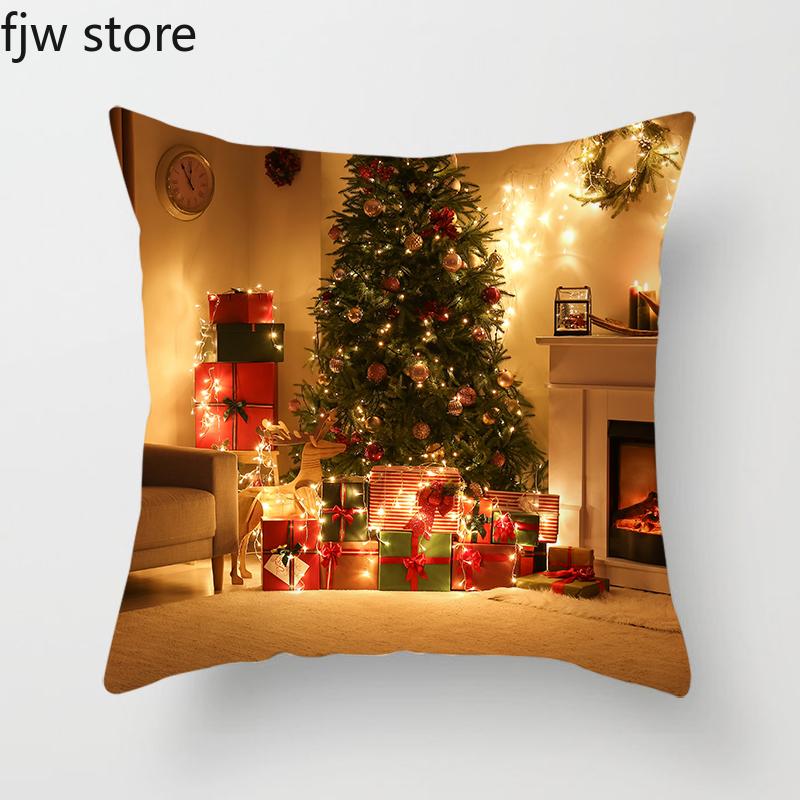 Christmas Decor Pillow Cover  Tree Gift Fireplace Print Throw   New Year Home  Sofa Cushion