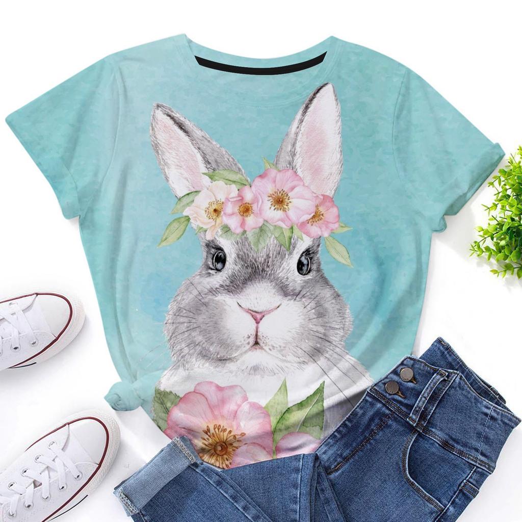 Sommer Rundhals 3D Osterhase Bedrucktes Top Modische Lässige Kurzarm Damen T-Shirts