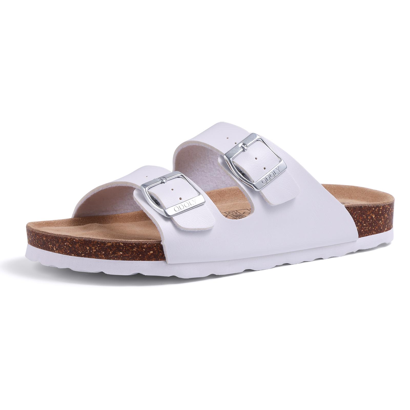 Comwarm Fashion Men Leather Sandals Summer Cork Footbed Slide Sandals Beach Sandals Unisex Sandals With Adjustable Buckle 36