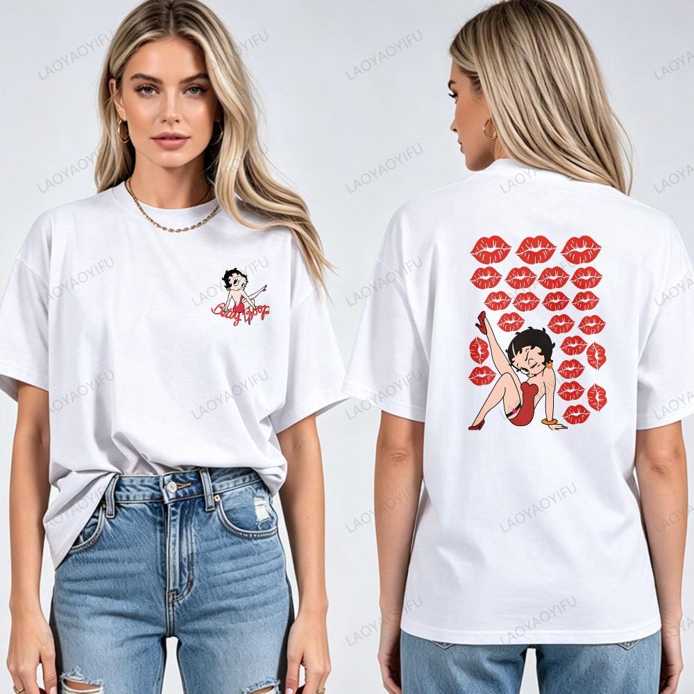 Harajuku Fashion Betty Boop Printed Tee Adults O Neck Short Sleeve Vintage Animation Trendy Casual Streetwear Cotton Women Tops