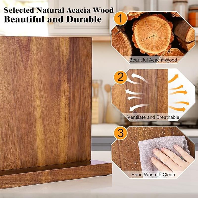 WXCOO Long Magnetic Knife Block Kitchen Holder Acacia Wooden Kitchen Counter Strong Enhanced Magnets Stands Storage Knife Holder