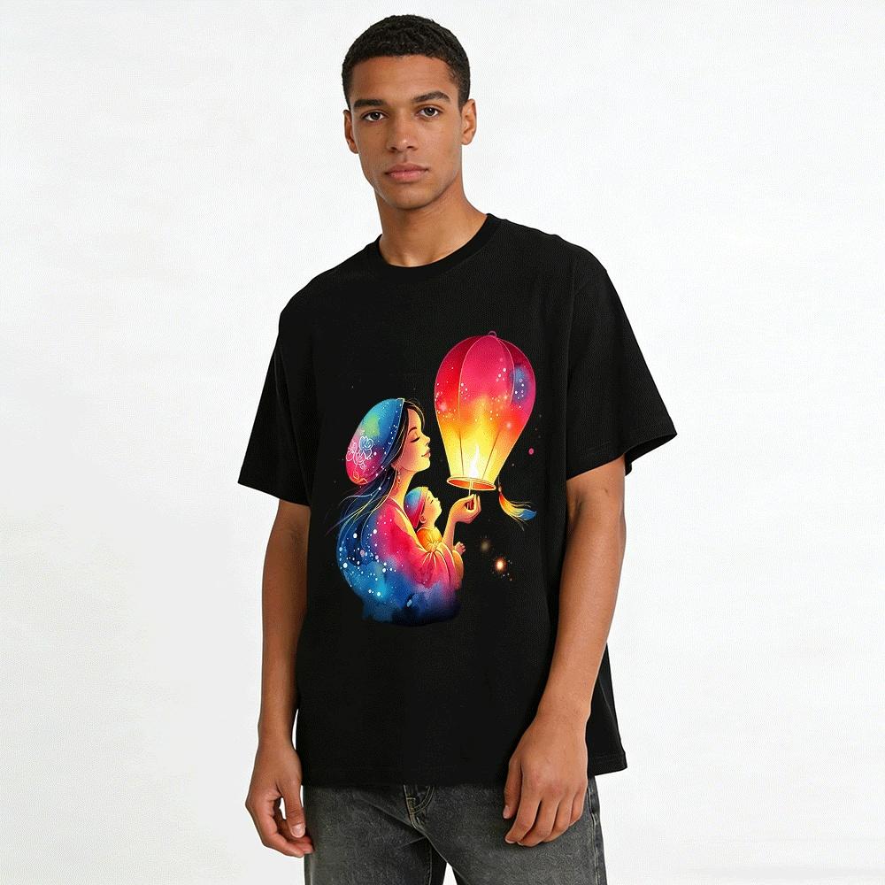 Mother And Child Sky Lantern Print Top Warm Holiday Vibe Shirt Pure Cotton T-shirt