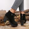 Naked Boots Fashion Round Toe Lace-Up Rhinestone Rear Zip Platform Non-Slip Block Heel Shoes for Women