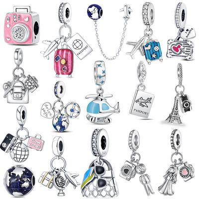New World Globe Airplane Suitcas Camera Charm Beads Travel Fit Original 925 Sterling Silver Bracelet DIY Jewelry Gift