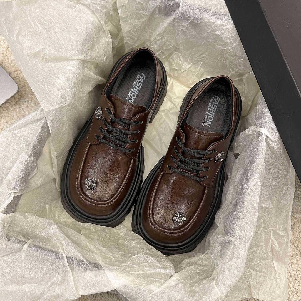 British Style Platform Rose Small Leather Shoes Spring 2025 New College with Skirt Retro Height-increasing Single Shoes Women