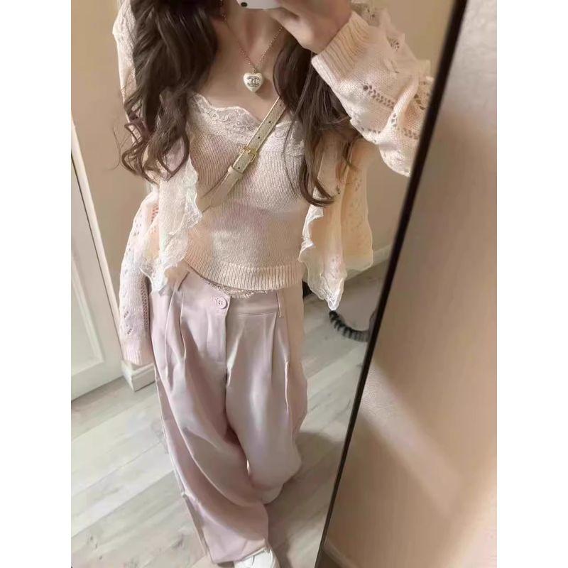 

Korean Series Sweet Style Lace Hollow Long sleeve Knit cardigan Inner wear Cami Women Spring Two-piece Suit Pink S