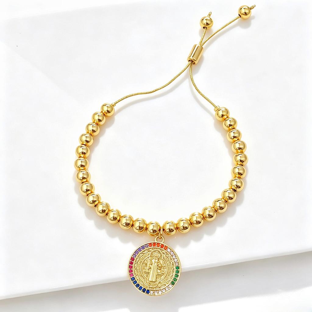 Gold-Plated 6mm Copper Bead Chain St. Benedict Pendant Adjustable Bracelet New Trend for Women's Daily Party Jewelry Accessory