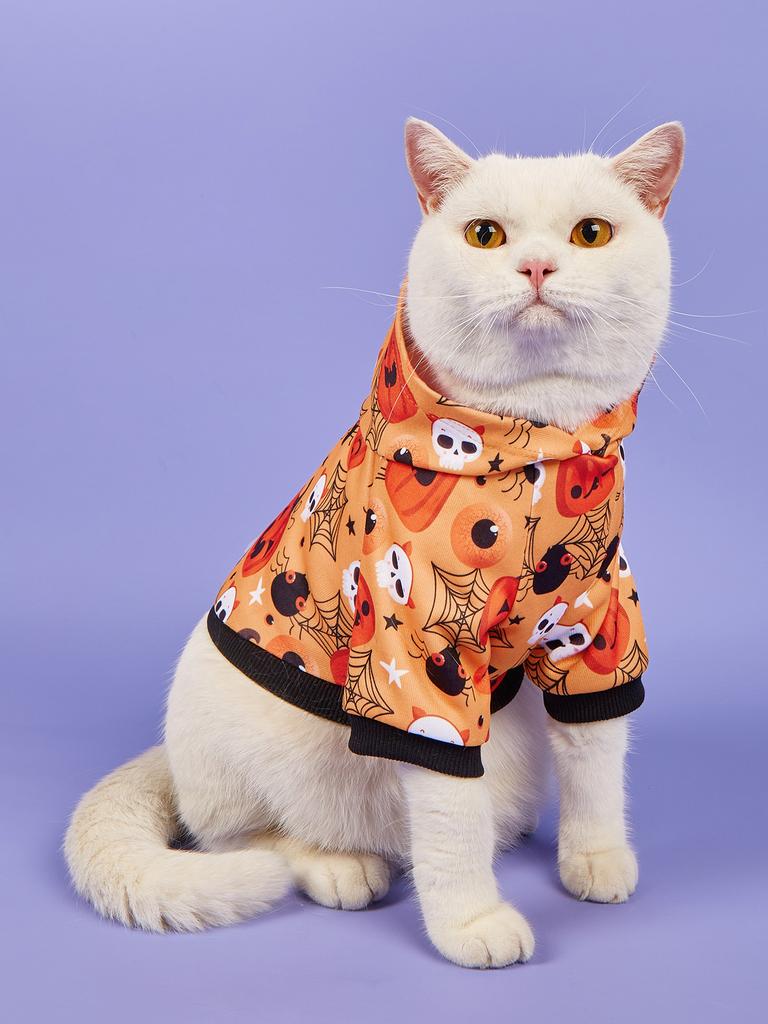 Halloween Dog Hooded Sweatshirt with Pumpkin, Ghost & Skull Prints, Orange Pet Hoodie for Cats Small Pets Festive Outfit Parties