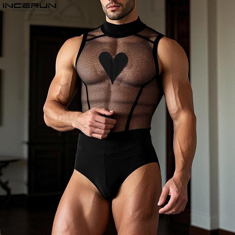 INCERUN Men Sleeveless Mesh Patchwork Printed Briefs Jumpsuits Bodysuits