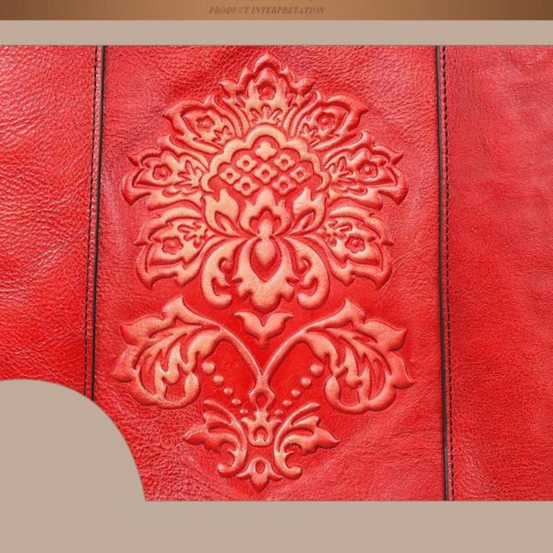 Johnature Retro Luksus Håndvesker Kvinner Bøtteveske Vintage Stor Kapasitet Floral Kuskinn Håndlagde Pregede skuldervesker