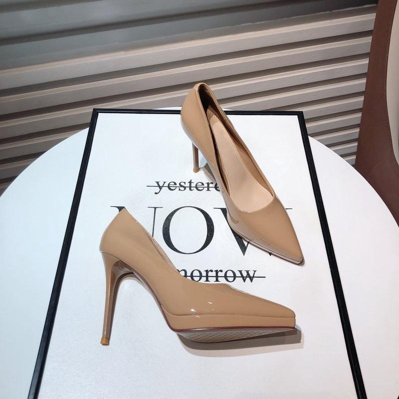 Nude high heels women's 2025 catwalk model simple patent leather waterproof table sexy temperament thin heels single shoes etiquette shoes