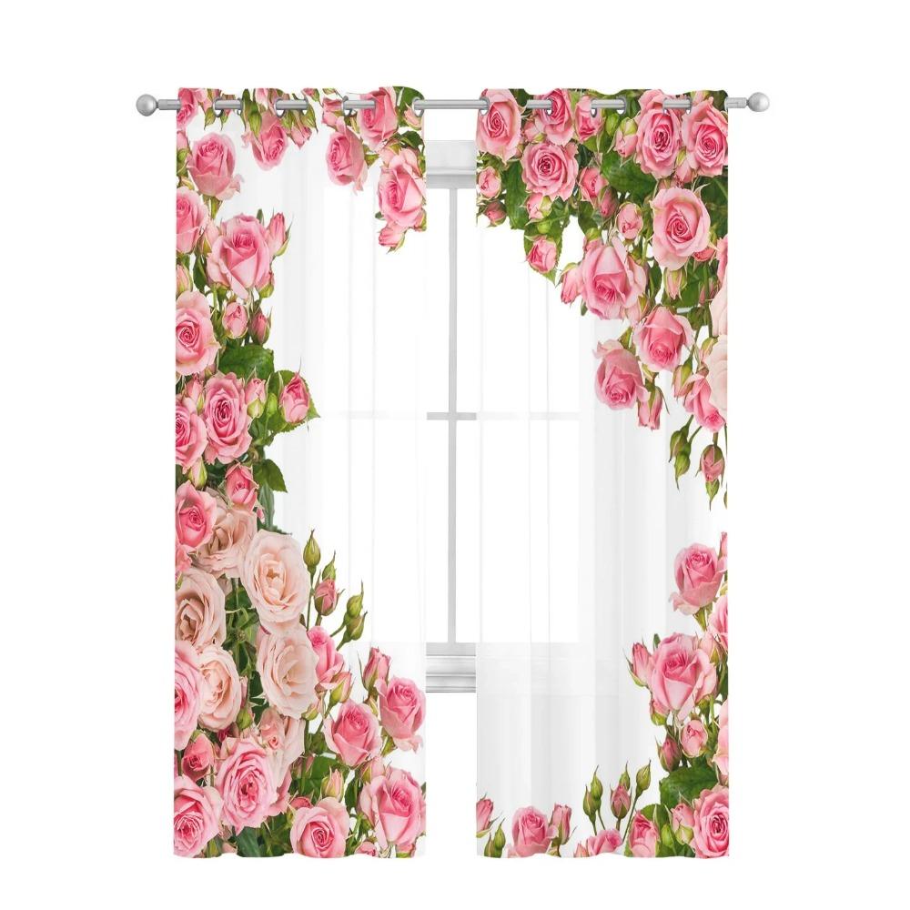 Blush Pink Rose Blossom Floral Bouquet Pure White Soft Tulle Transparent Drapes for Living Room Ornamentation Window Panel Curtain Ideal for Bedroom