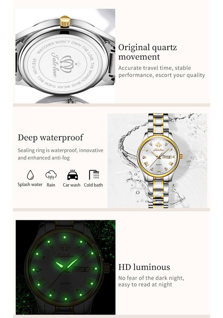 Fate Love 819 Classics Women Watch Stainless Steel Luminous Waterproof Calendar Elegant Dress Quartz Watch for Women Original