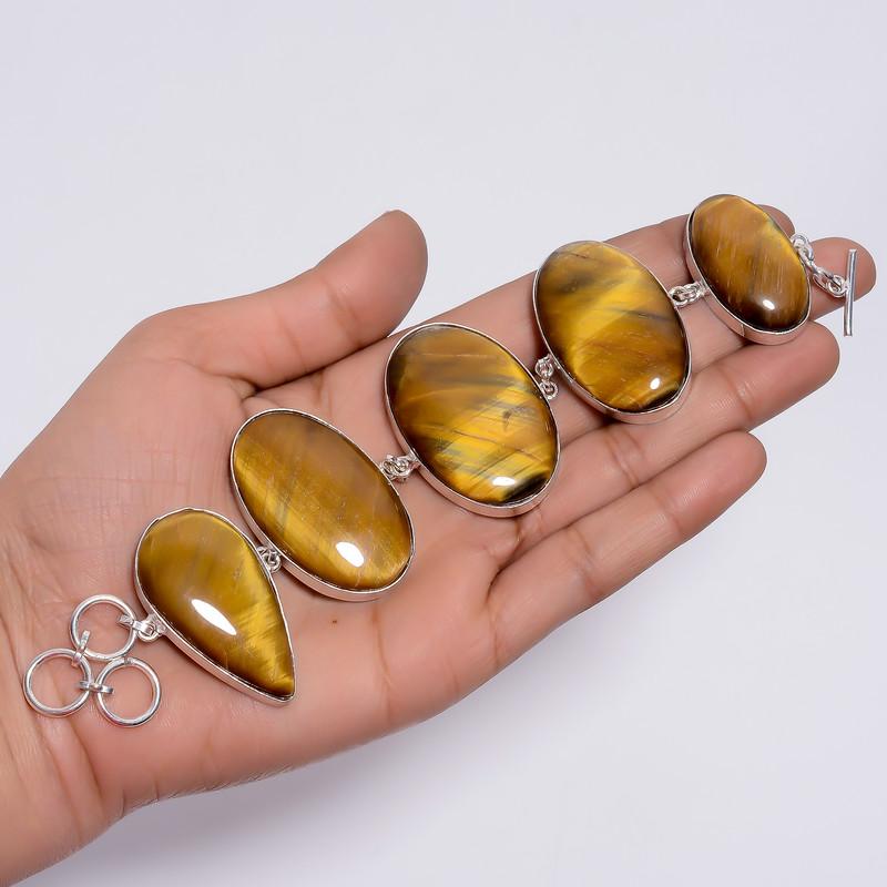 Attractive Top Grade Qualite 100% Natural Tiger Eye Oval Shape Ethnic Style Handmade Jewelry 925 Steling Silver Plated Bracelet 7-9" WSJ4692