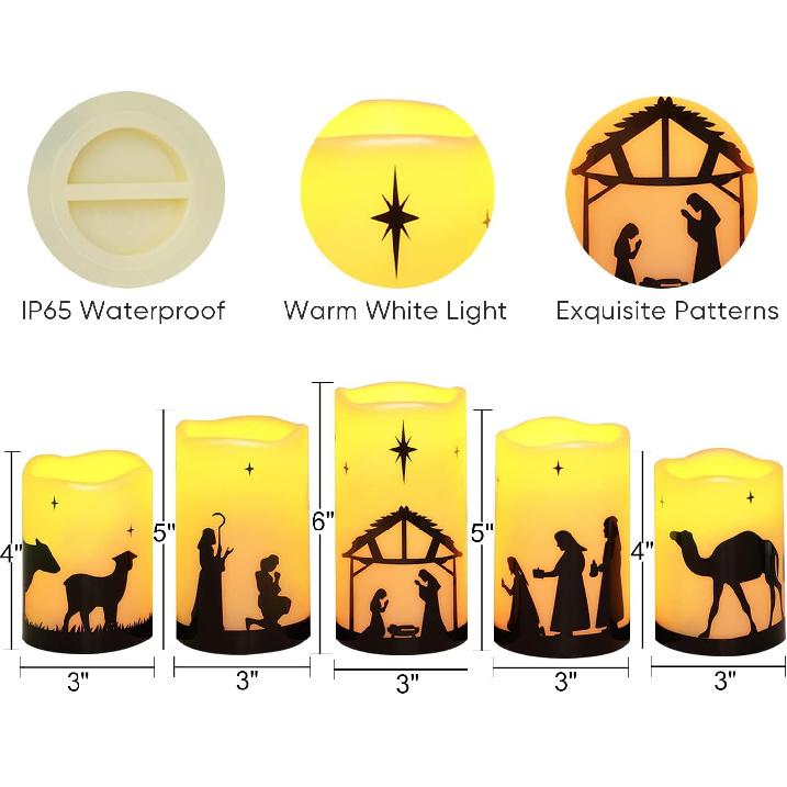Homemory Flameless Christmas Nativity Scene Candles, Battery Operated LED Pillar Religion Candles, Nativity Sets Indoor Outdoor Decorations for Xmas