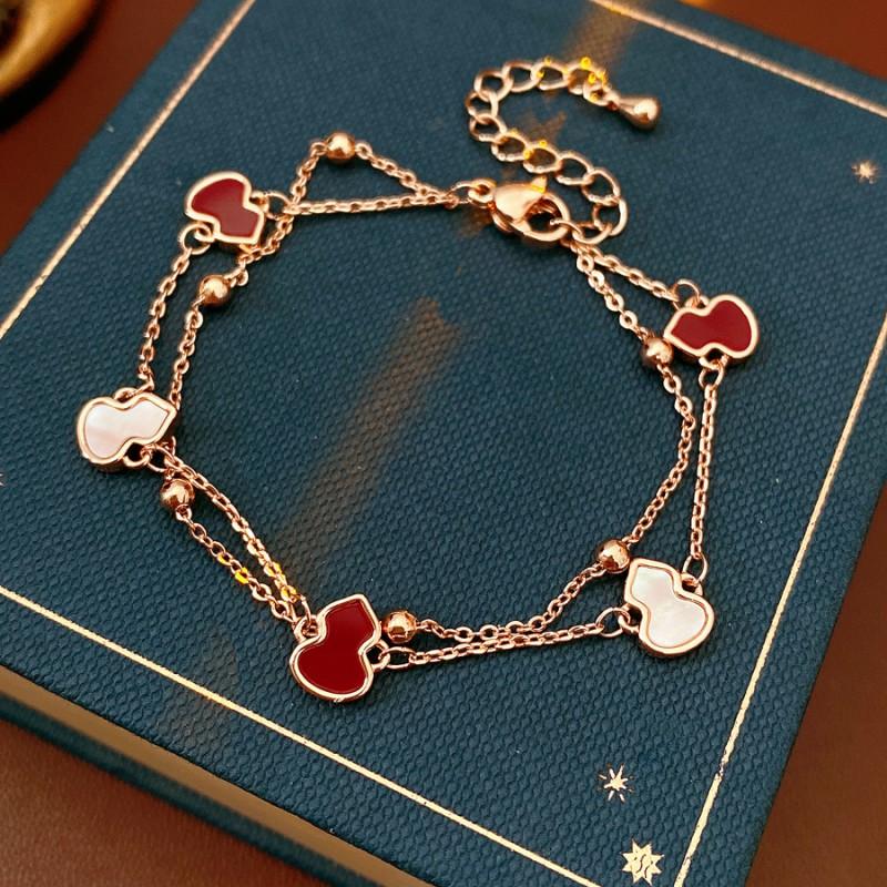 Double Layer Pendant Bracelet Women Rose Gold Plated Copper With Red Enamel Vintage French Chic Style Geometric Design