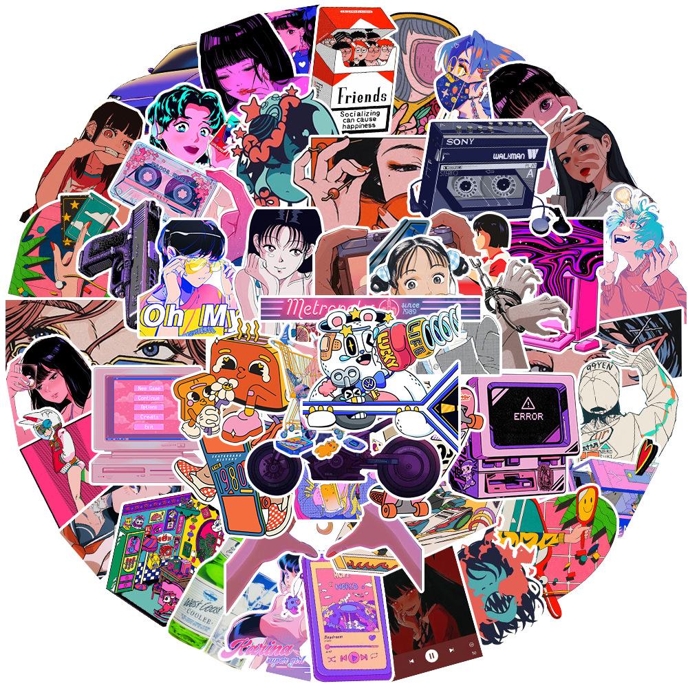 50 Pictures of Urban Cool Cartoon Girl Doodle Stickers Decorative Guitar Notes Suitcase DIY Waterproof