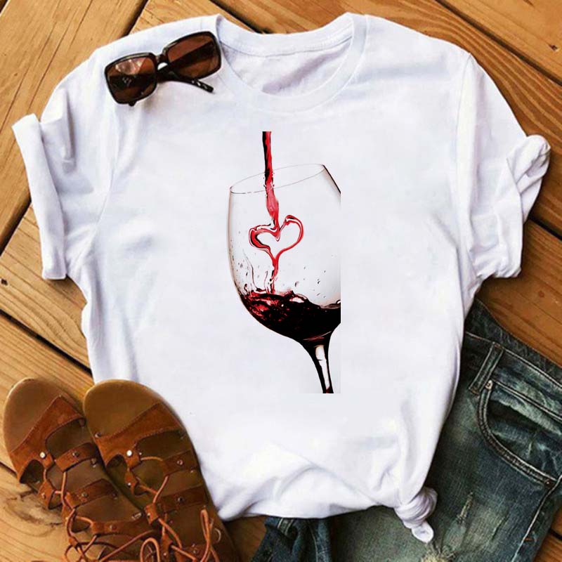New Women T-Shirt Casual Short Sleeve T Shirt Women's Fashion Rose Red Wine Glass Printed Black T-Shirt Female Tops Tees