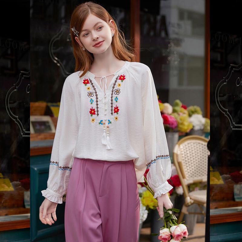 Bailuyu Women's Ethnic Embroidered V-Neck Blouse