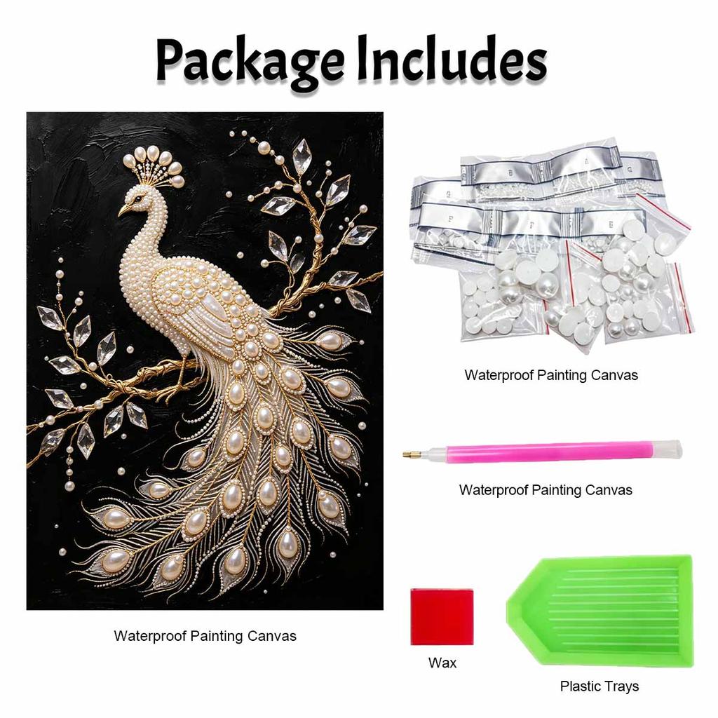 This pearl painting kit features 5D elegant peacock pearls mosaic art style for home wall decoration.