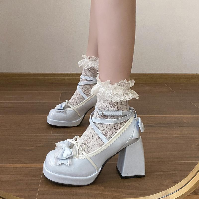 

2025 весна и осень новые корейские мягкие женские туфли на толстой подошве в стиле Лолиты jk single туфли с бантом на высоком каблуке туфли Мэри Джейн женские 35 небесно-голубой