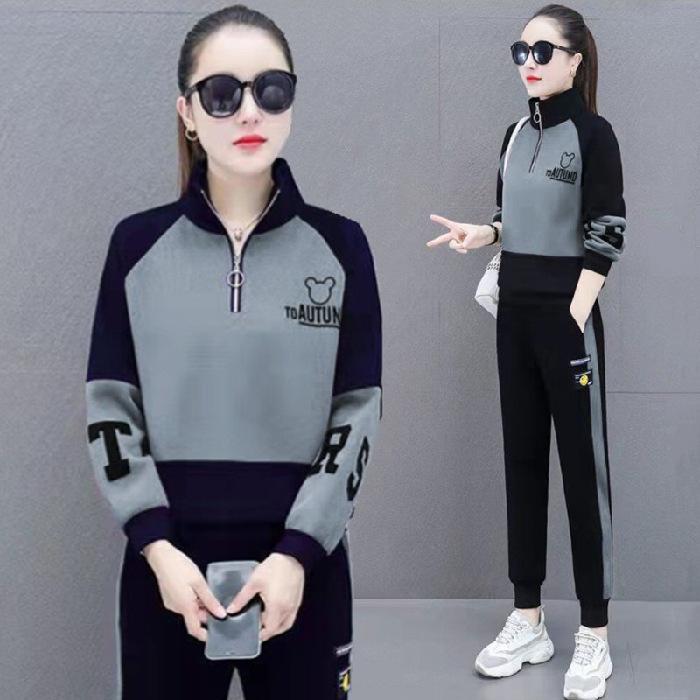 Women's Stand Collar Half Zip Two Piece Tracksuit Loose Fit Color Block Raglan Top Elastic Waist Jogger Pants Embroidery Casual Autumn Matching Set