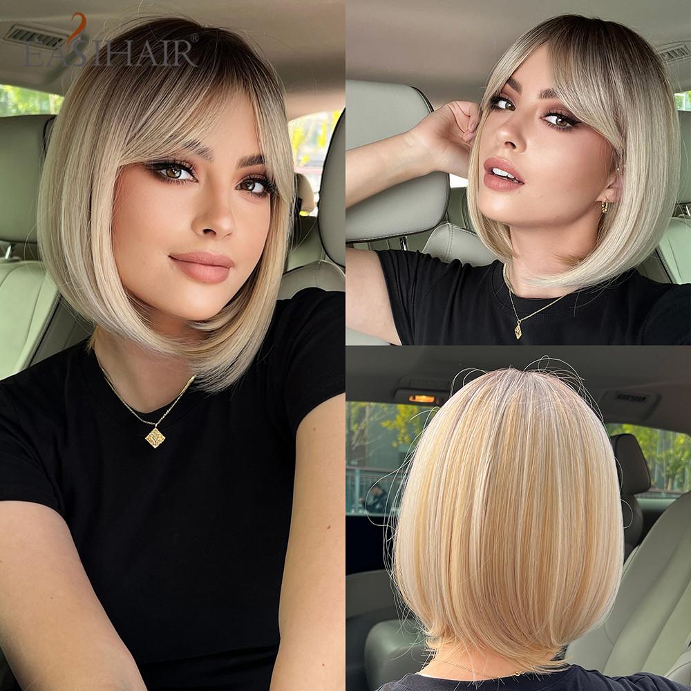 EASIHAIR Synthetic Bob Wigs with Bang Short Straight Light Blonde Beige Natural Hair Wigs for Women Daily Cosplay Heat Resistant