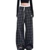 Women's High Waist Retro Patchwork Plaid Wide Leg Pants - Loose Casual Floor-Length Trousers