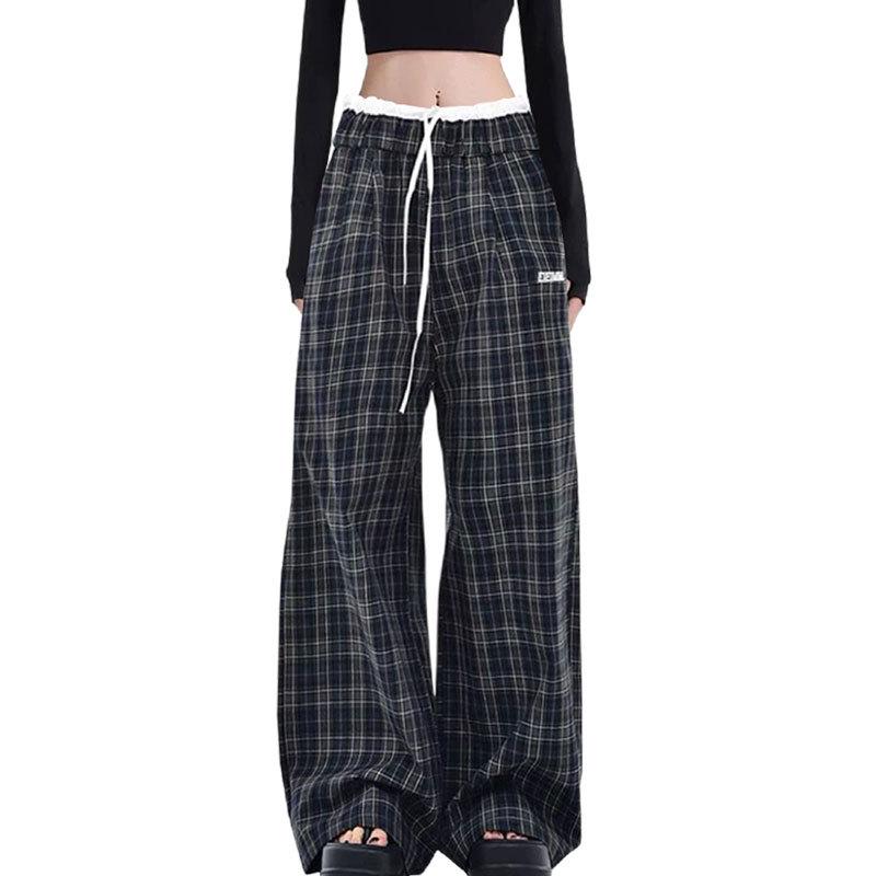 Women's High Waist Retro Patchwork Plaid Wide Leg Pants - Loose Casual Floor-Length Trousers