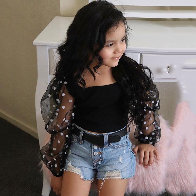 Toddler Baby Kids Girls Puff Sleeve Polka Dot Tops  Ripped Jean Shorts Outfits