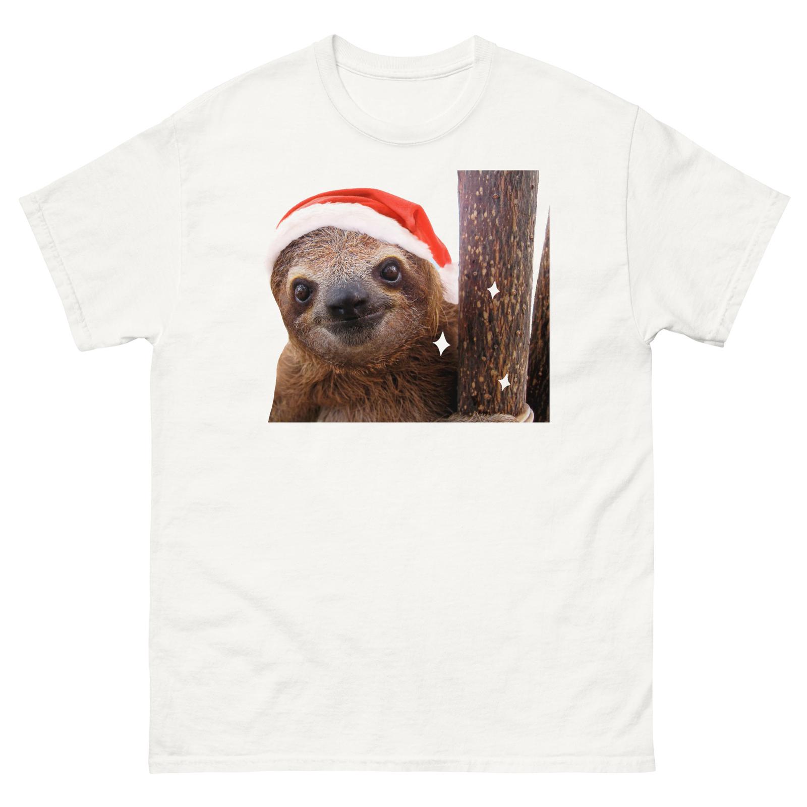 Smiling Christmas Sloth on a Tree Branch Men s Women s Sloth T-Shirt Mens Womens Tees Top L