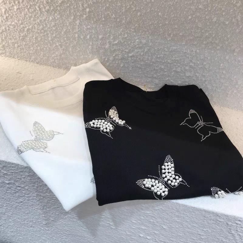 Women's Summer 2025 Butterfly Rhinestone Knitted Top - Ice Silk Short Sleeve, Versatile Round Neck T-Shirt