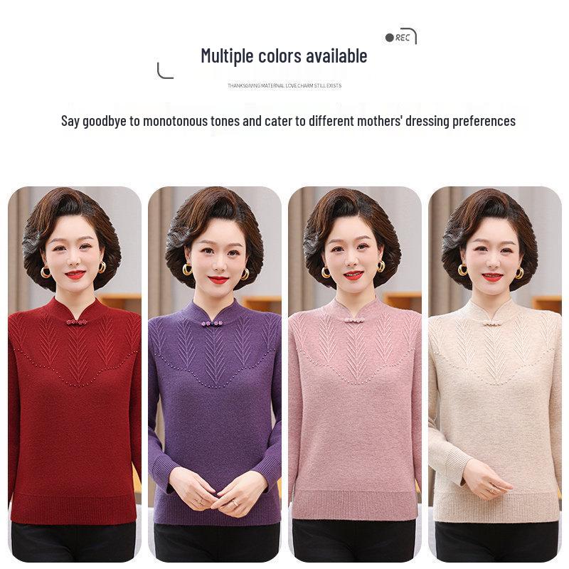2025 Red Velvet Qipao Collar Sweater for Middle-Aged Women: Year of the Rat Autumn/Winter Collection