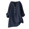 Plus Size Women Solid Color V Neck Long Sleeve Shirt Loose Linen Blouse Top